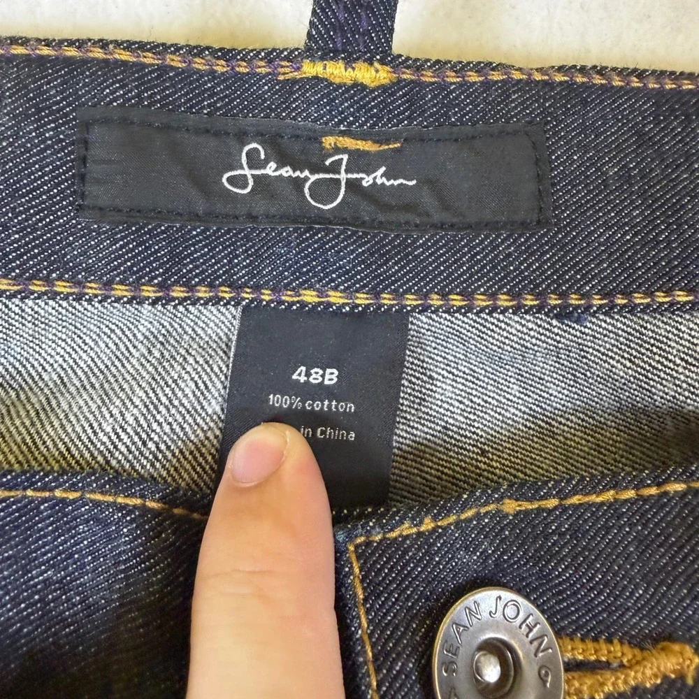 Sean John Mens Baggy Raw Denim Jeans Dark Wash Purple Fleur De Lis Size 48B